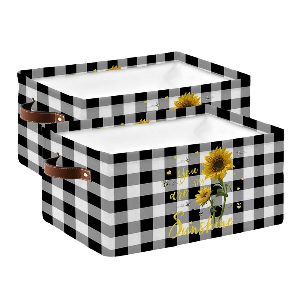 2 Pack Large Storage Baskets Bins Summer Sunflower Collapsible Storage Box Laundry Organizer for Closet Shelf Nursery Kids Bedroom Black Plaid Summer Flower Bee