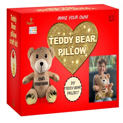 2Pepers Make Your Own Teddy Bear Plush Pillow Kit Arts and Crafts for Girls (No Sew), Teddy Bear Craft Kit for Girls Ages 3-5 4-6 5-7 Years Old Birthday Present, for Kids, DIY Kids Crafts