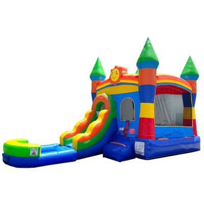 Crossover Inflatable Bounce House with Slide for Kids, 26.5 x 12 x 14.5 Foot Rainbow Castle Smiley Face Combo Bouncer Waterslide Jumper - Includes Pool, Blower, Stakes, Patches and Storage Bag