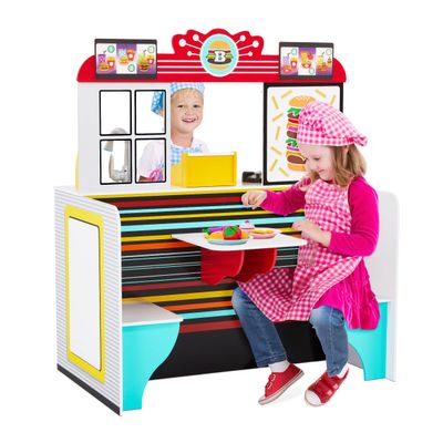 Lil Jumbl Wooden Double-Sided Restaurant & Kitchen Playset  Interactive Pretend Diner for Kids Ages 3-8 with Lights, Sounds & Realistic Accessories
