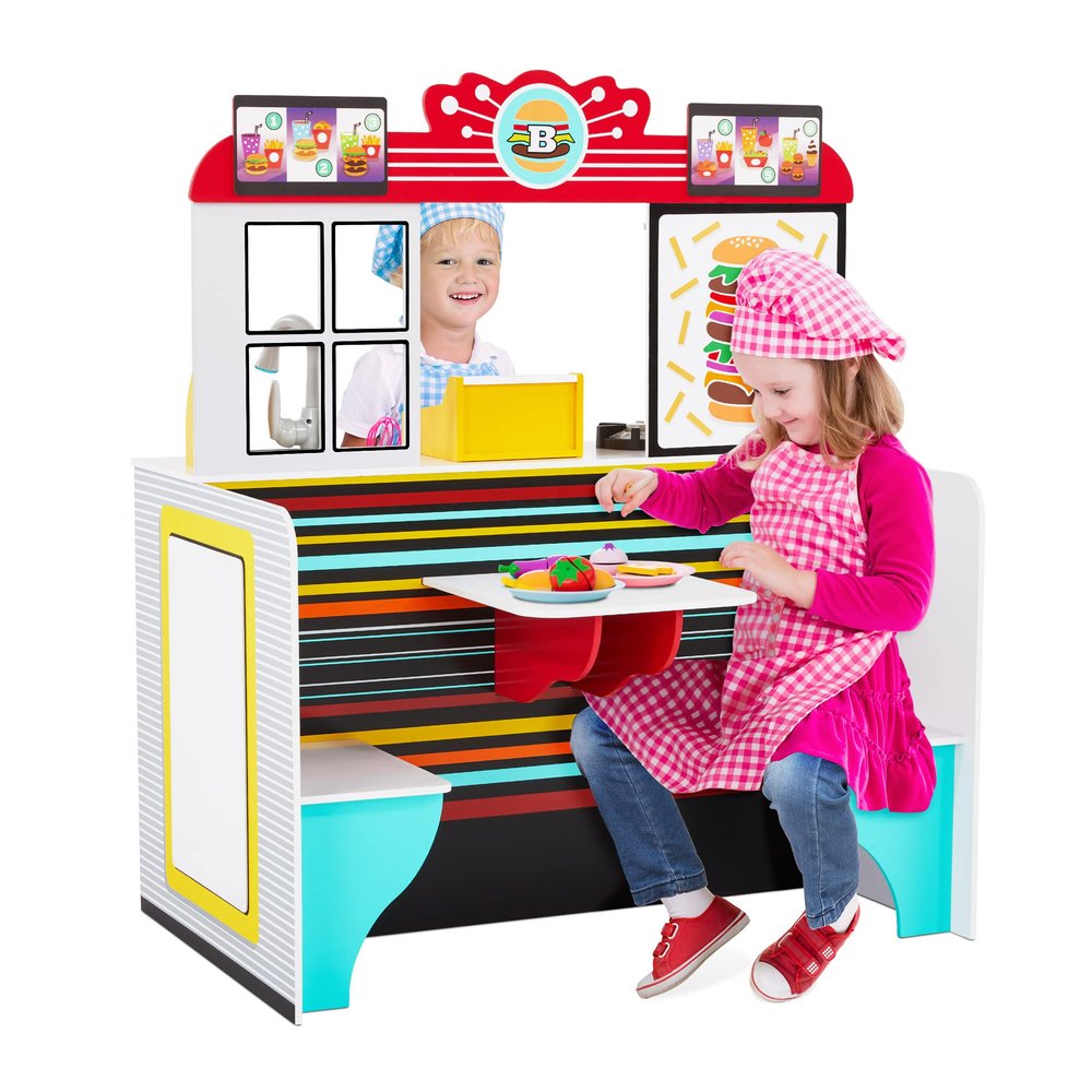 Lil Jumbl Wooden Double-Sided Restaurant & Kitchen Playset  Interactive Pretend Diner for Kids Ages 3-8 with Lights, Sounds & Realistic Accessories