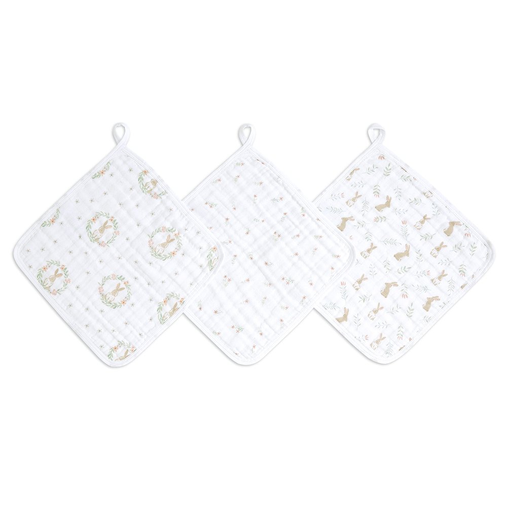 aden + anais Essentials Washcloth 3-Pack, Super Soft 100% Cotton Muslin, Gentle on Skin, 3 Absorbent 11x11 Layers, Softer with Every Use, Perfect for Babies, Infants, Toddlers, Blushing Bunnies