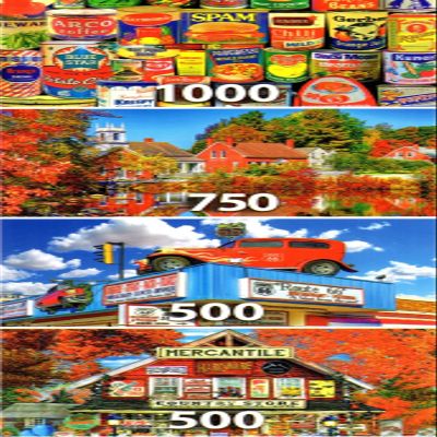 4 Puzzle Set - Retro Cans 1000 Piece, Autumn in Harrisville 750 Piece, Rt. 66 Restaurant and General Store 500 Piece Puzzles