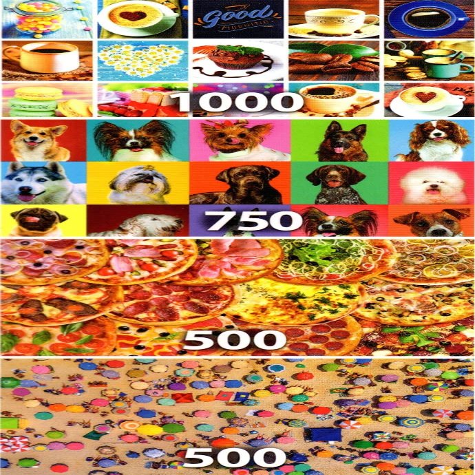 4 Puzzle Set - Love Coffee 1000 Piece, 20 Happy Dogs 750 Piece, Pizza Party and Colorful Copacabana Beach Umbrellas 500 Piece Puzzles