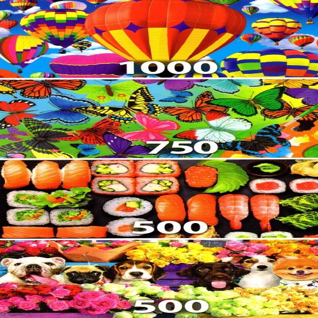 4 Puzzle Set - Colorful Hor Air Balloons Flying 1000 Piece, Butterfly Palette 750 Piece, Sushi Time and Flower Market Pups 500 Piece Puzzles