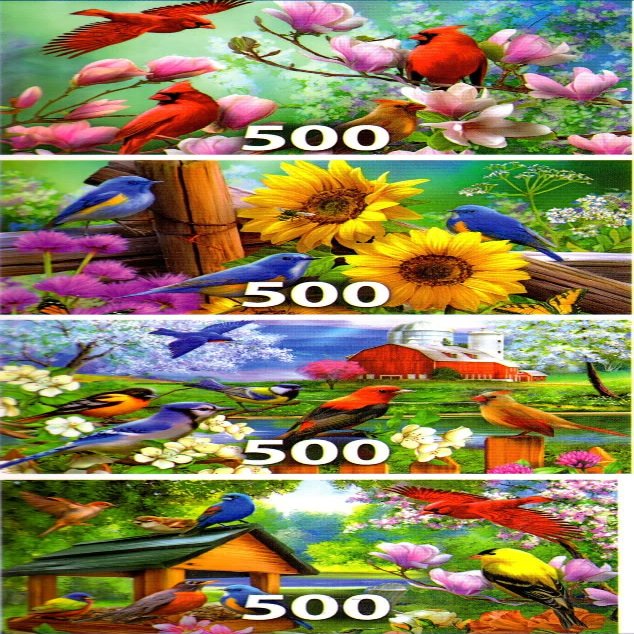 4 500 Piece Puzzles: Cardinal Family, Sunflower Garden, Spring Gathering, Dinner Time