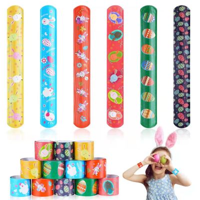 FUSHENMU 48pcs Easter Slap Bracelets Easter Egg Bunny Snap Bracelet Party Favor Toys for Kids Easter Basket Stuffers Egg Filler Classroom
