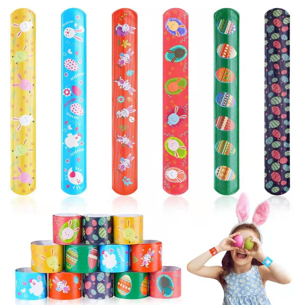 FUSHENMU 48pcs Easter Slap Bracelets Easter Egg Bunny Snap Bracelet Party Favor Toys for Kids Easter Basket Stuffers Egg Filler Classroom