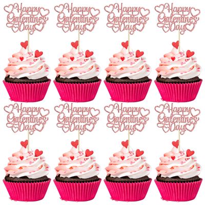 24Pcs Happy Galentine's Day Cupcake Toppers Rose Gold Glitter Sweet Love Valentine Cupcake Picks for Valentine's Day Theme Birthday Party Cake Decorations Supplies
