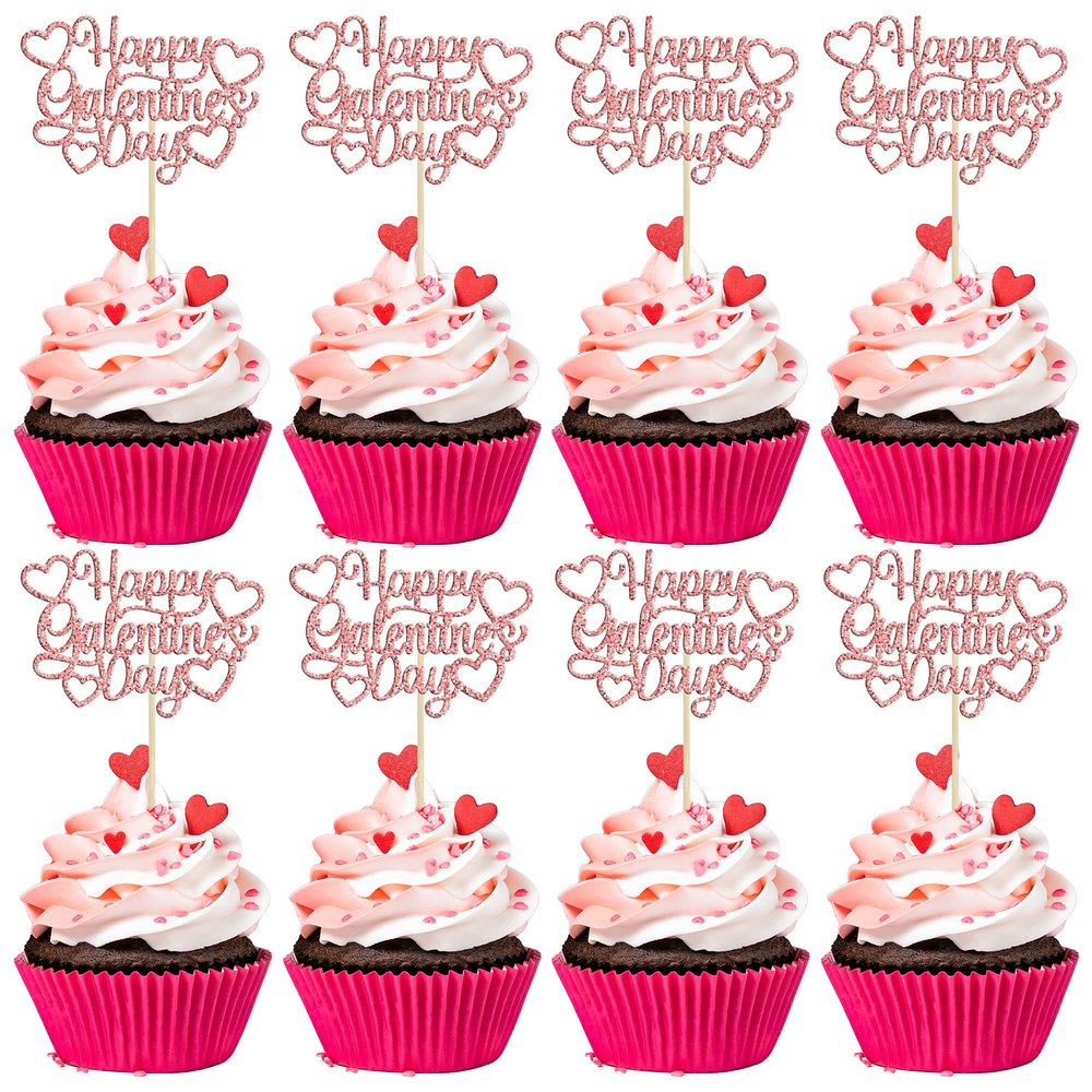 24Pcs Happy Galentine's Day Cupcake Toppers Rose Gold Glitter Sweet Love Valentine Cupcake Picks for Valentine's Day Theme Birthday Party Cake Decorations Supplies