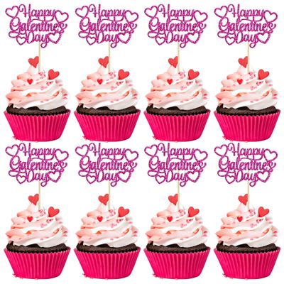 24Pcs Happy Galentine's Day Cupcake Toppers Rose Red Glitter Sweet Love Valentine Cupcake Picks for Valentine's Day Theme Birthday Party Cake Decorations Supplies