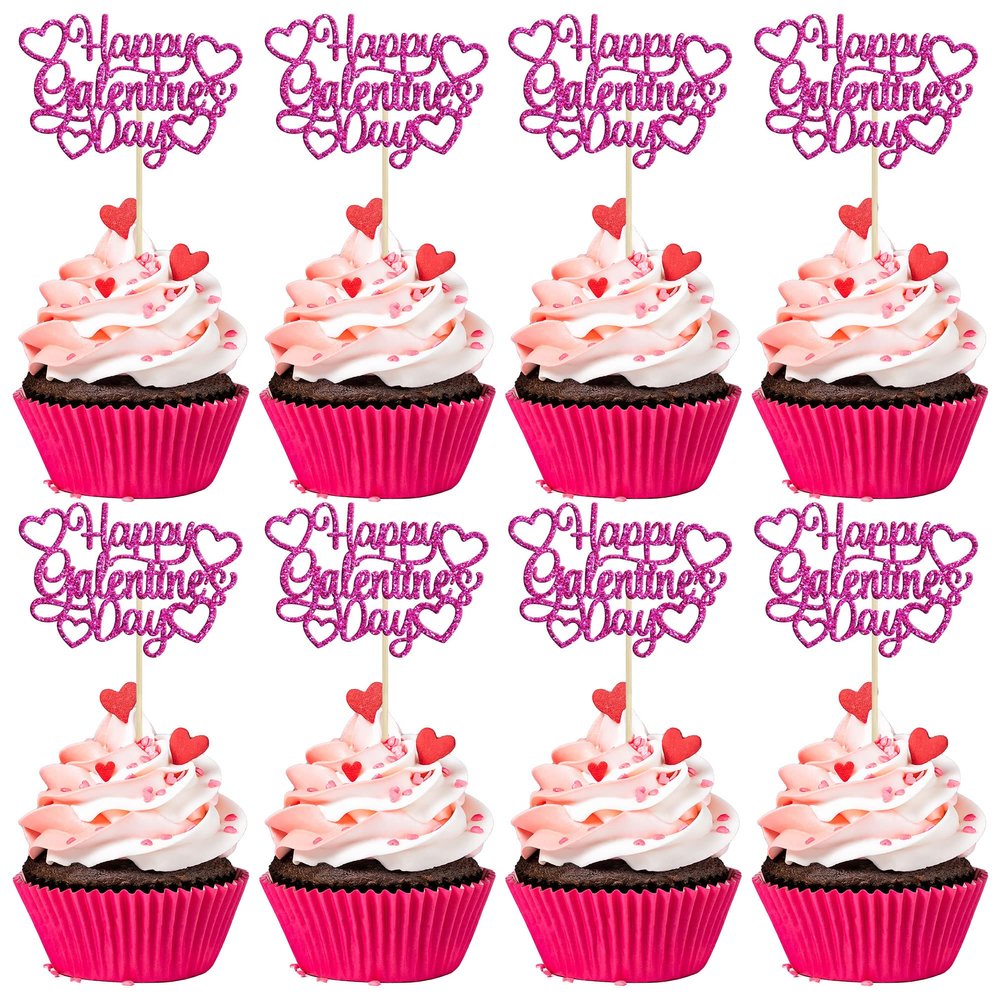 24Pcs Happy Galentine's Day Cupcake Toppers Rose Red Glitter Sweet Love Valentine Cupcake Picks for Valentine's Day Theme Birthday Party Cake Decorations Supplies
