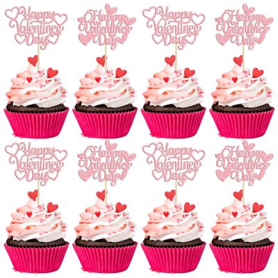 24Pcs Happy Valentine's Day Cupcake Toppers with Heart Glitter Sweet Love Theme Cupcake Picks Valentine's Day Cake Decorations for Valentine's Day Theme Birthday Party Supplies Pink