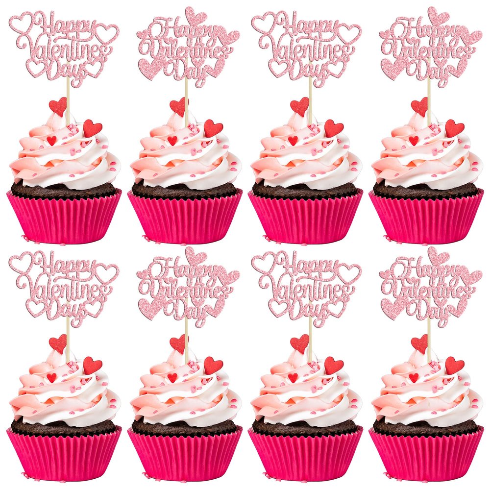 24Pcs Happy Valentine's Day Cupcake Toppers with Heart Glitter Sweet Love Theme Cupcake Picks Valentine's Day Cake Decorations for Valentine's Day Theme Birthday Party Supplies Pink
