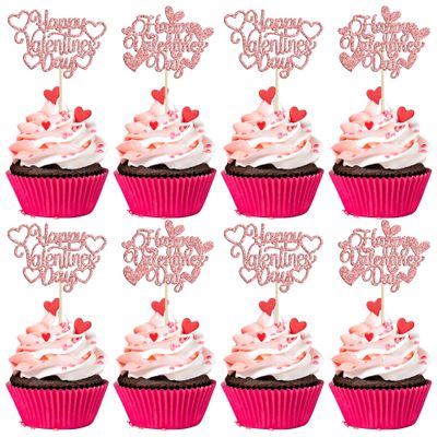 24Pcs Happy Valentine's Day Cupcake Toppers with Heart Rose Gold Glitter Sweet Love Theme Cupcake Picks Valentine's Day Cake Decorations for Valentine's Day Theme Birthday Party Supplies