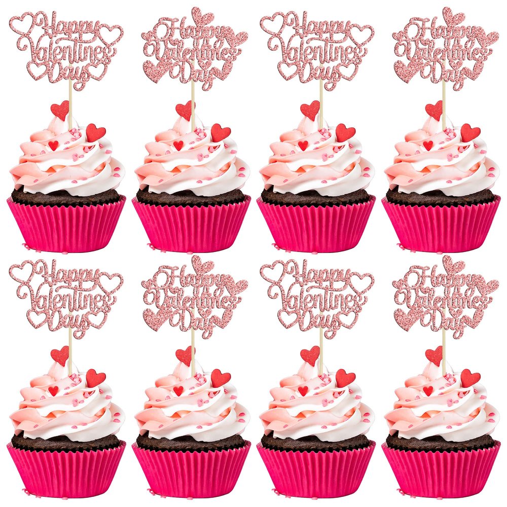 24Pcs Happy Valentine's Day Cupcake Toppers with Heart Rose Gold Glitter Sweet Love Theme Cupcake Picks Valentine's Day Cake Decorations for Valentine's Day Theme Birthday Party Supplies