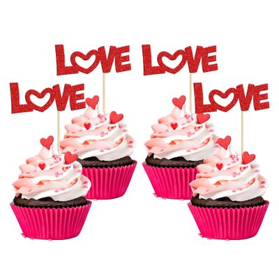 24Pcs Valentine's Day Love Cupcake Toppers Glitter Pink Bow Sweet Love Cupcake Picks Valentine's Day Theme Wedding Engagement Bridal Shower Birthday Party Cake Decorations Supplies Red