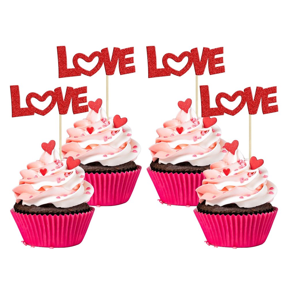 24Pcs Valentine's Day Love Cupcake Toppers Glitter Pink Bow Sweet Love Cupcake Picks Valentine's Day Theme Wedding Engagement Bridal Shower Birthday Party Cake Decorations Supplies Red