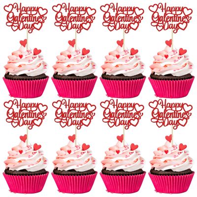 24Pcs Happy Galentine's Day Cupcake Toppers Red Glitter Sweet Love Valentine Cupcake Picks for Valentine's Day Theme Birthday Party Cake Decorations Supplies