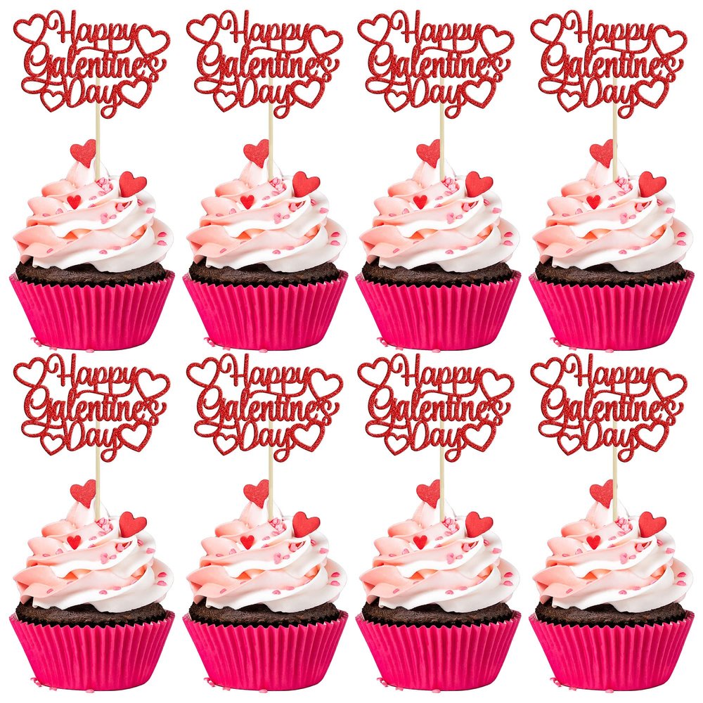 24Pcs Happy Galentine's Day Cupcake Toppers Red Glitter Sweet Love Valentine Cupcake Picks for Valentine's Day Theme Birthday Party Cake Decorations Supplies