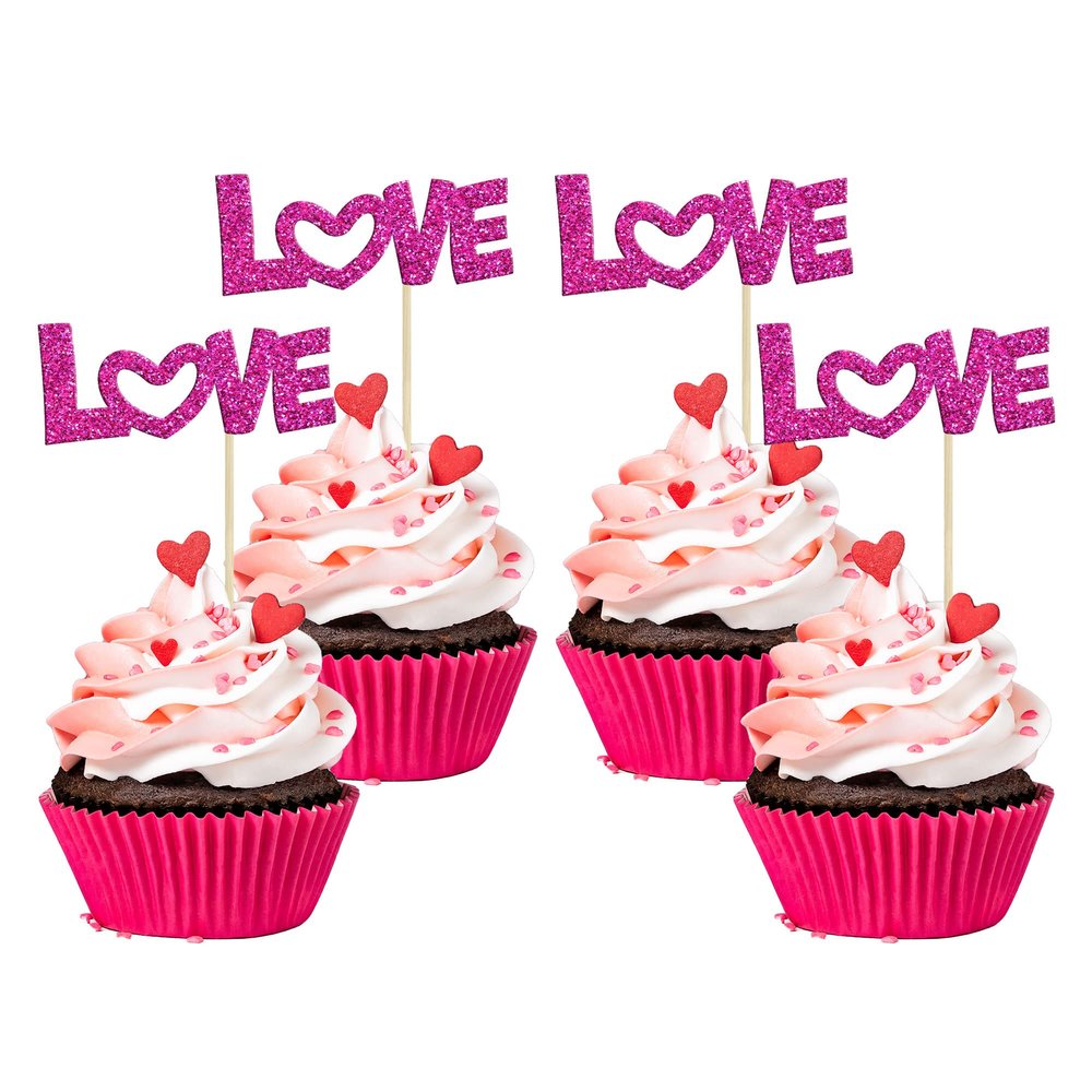 24Pcs Love Valentine's Day Cupcake Toppers Pink Bow Glitter Sweet Love Cupcake Picks Valentine's Day Theme Wedding Engagement Bridal Shower Birthday Party Cake Decorations Supplies Rose Red