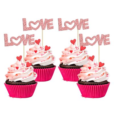 24Pcs Love Cupcake Toppers Glitter with Pink Bow Valentine's Day Cupcake Picks for Valentine's Day Theme Wedding Engagement Bridal Shower Birthday Party Supplies Rose Gold