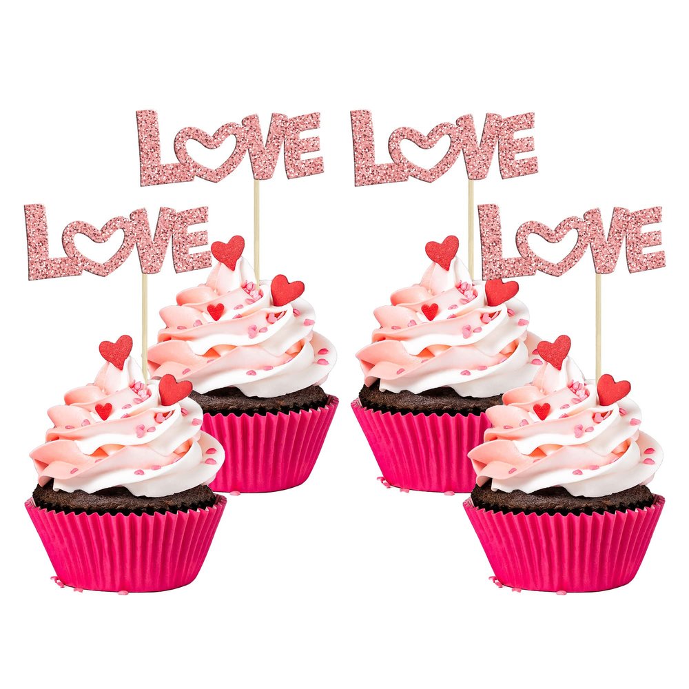 24Pcs Love Cupcake Toppers Glitter with Pink Bow Valentine's Day Cupcake Picks for Valentine's Day Theme Wedding Engagement Bridal Shower Birthday Party Supplies Rose Gold