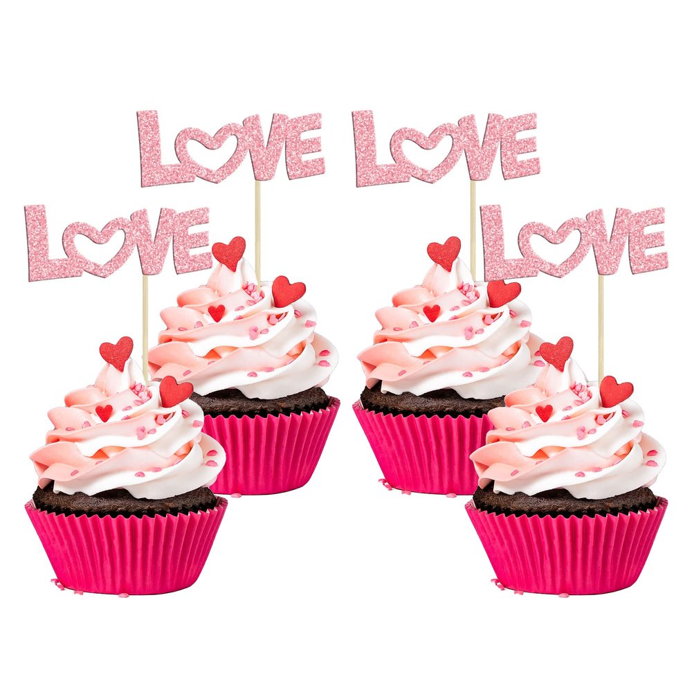 24Pcs Valentine's Day Love Cupcake Toppers Glitter Pink Bow Sweet Love Cupcake Picks Valentine's Day Theme Wedding Engagement Bridal Shower Birthday Party Cake Decorations Supplies Pink