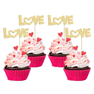 24Pcs Love Cupcake Toppers Glitter with Pink Bow Valentine's Day Cupcake Picks for Valentine's Day Theme Wedding Engagement Bridal Shower Birthday Party Supplies Gold