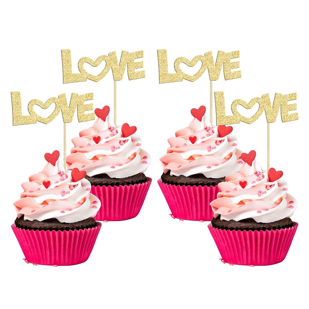 24Pcs Love Cupcake Toppers Glitter with Pink Bow Valentine's Day Cupcake Picks for Valentine's Day Theme Wedding Engagement Bridal Shower Birthday Party Supplies Gold