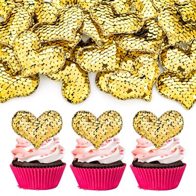 24Pcs Love Heart Cupcake Toppers Sequin Heart Gold Valentines Day Cupcake Picks Decorations for Valentine's Day Theme Wedding Engagement Bridal Shower Birthday Party Cake Decorations Supplies