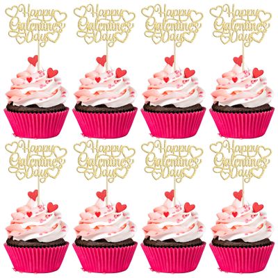 24Pcs Happy Galentine's Day Cupcake Toppers Gold Glitter Sweet Love Valentine Cupcake Picks for Valentine's Day Theme Birthday Party Cake Decorations Supplies