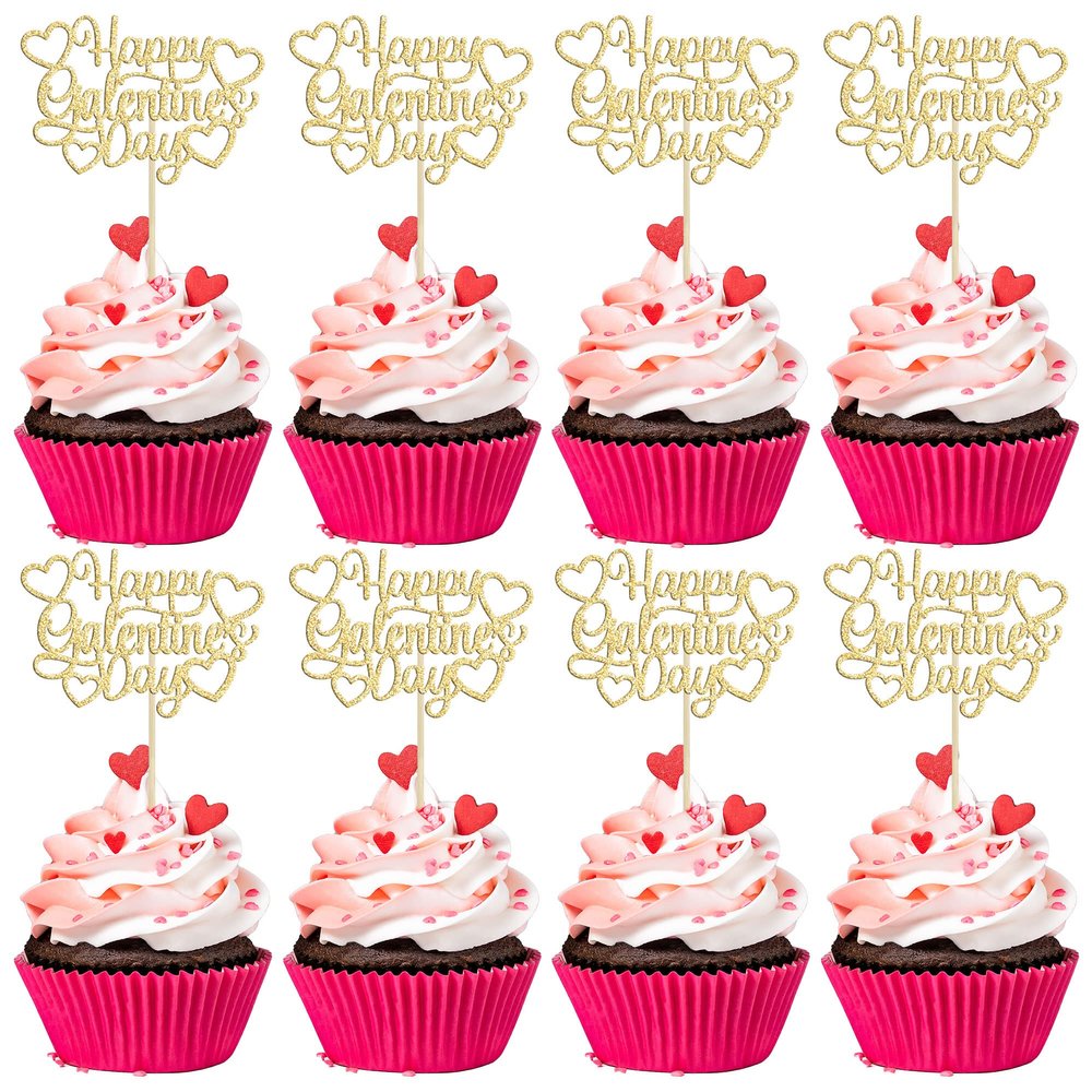 24Pcs Happy Galentine's Day Cupcake Toppers Gold Glitter Sweet Love Valentine Cupcake Picks for Valentine's Day Theme Birthday Party Cake Decorations Supplies