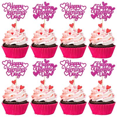 24Pcs Happy Valentine's Day Cupcake Toppers with Heart Rose Red Glitter Sweet Love Theme Cupcake Picks Valentine's Day Cake Decorations for Valentine's Day Theme Birthday Party Supplies