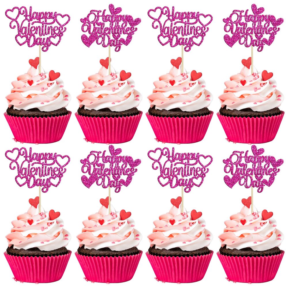 24Pcs Happy Valentine's Day Cupcake Toppers with Heart Rose Red Glitter Sweet Love Theme Cupcake Picks Valentine's Day Cake Decorations for Valentine's Day Theme Birthday Party Supplies