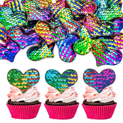 24Pcs Love Heart Cupcake Toppers Sequin Heart Multi Valentines Day Cupcake Picks Decorations for Valentine's Day Theme Wedding Engagement Bridal Shower Birthday Party Cake Decorations Supplies