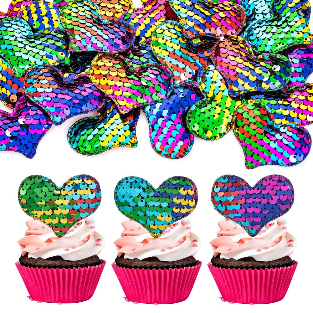 24Pcs Love Heart Cupcake Toppers Sequin Heart Multi Valentines Day Cupcake Picks Decorations for Valentine's Day Theme Wedding Engagement Bridal Shower Birthday Party Cake Decorations Supplies