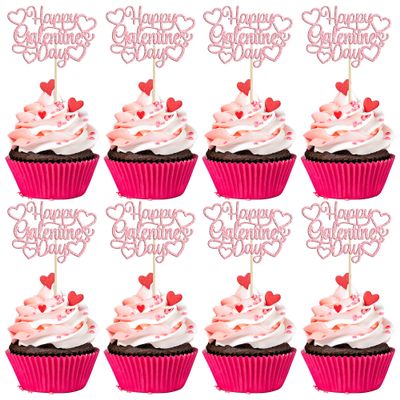 24Pcs Happy Galentines Day Cupcake Toppers Pink Glitter Sweet Love Valentine Cupcake Picks for Valentine's Day Theme Birthday Party Cake Decorations Supplies
