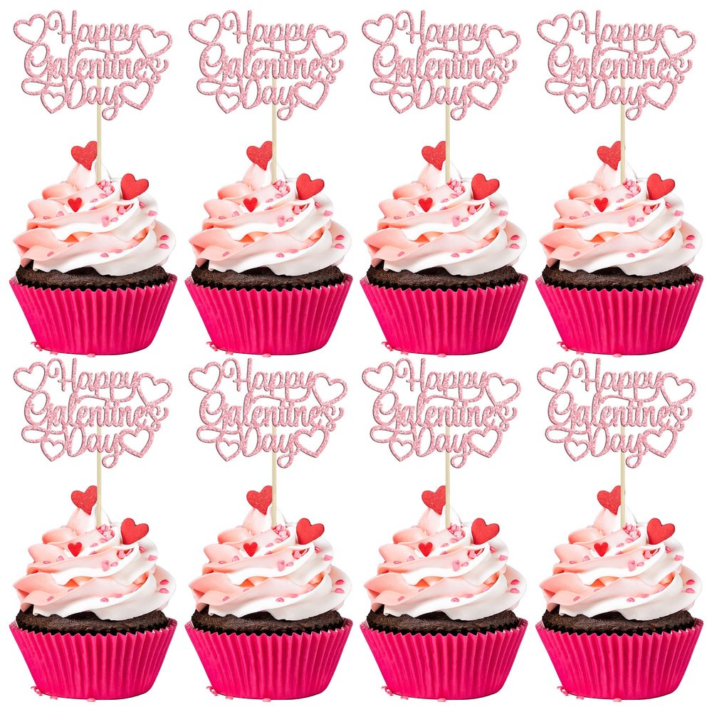 24Pcs Happy Galentines Day Cupcake Toppers Pink Glitter Sweet Love Valentine Cupcake Picks for Valentine's Day Theme Birthday Party Cake Decorations Supplies