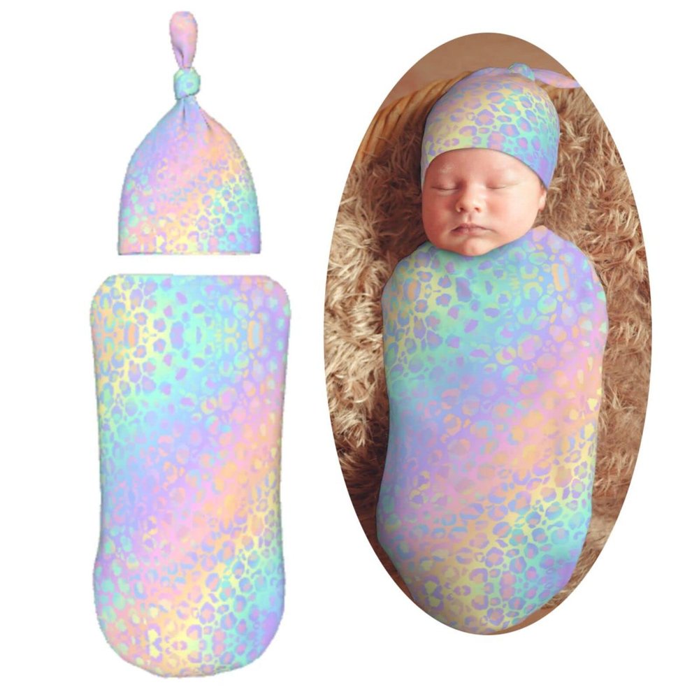 Muishi Holographic Leopard Newborn Swaddle Blankets Hat Sets Soft Baby Receiving Blanket Swaddle Sack for Baby Shower Infant Boy Girl Gift
