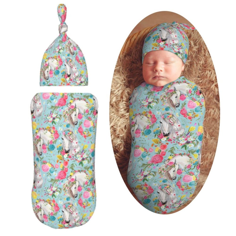 Muishi Horse and Flower Newborn Swaddle Blankets Hat Sets Soft Baby Receiving Blanket Swaddle Sack for Baby Shower Infant Boy Girl Gift