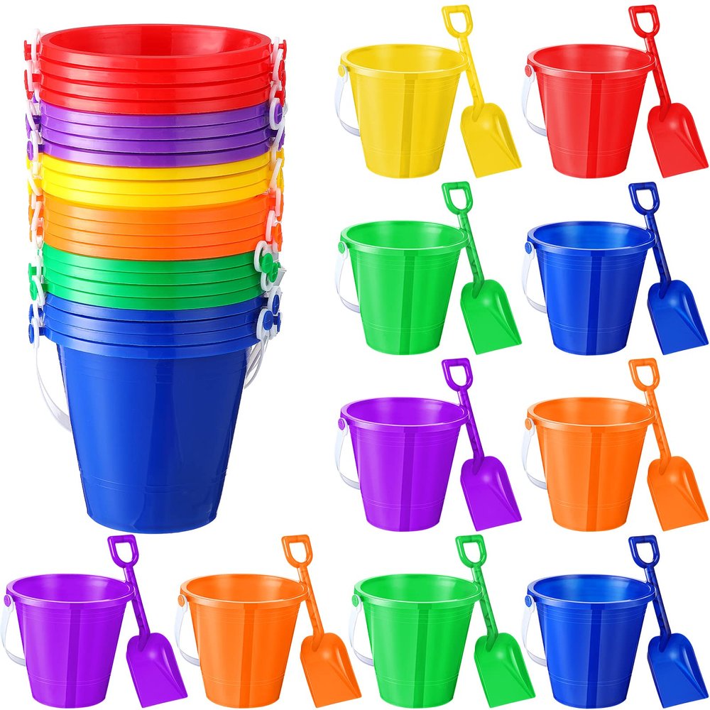 Sratte 24 Sets 4.7" Sand Buckets and Shovels Bulk Summer Beach Bucket Pack Plastic Beach Pails Sand Toys for Summer Pool Party Favors