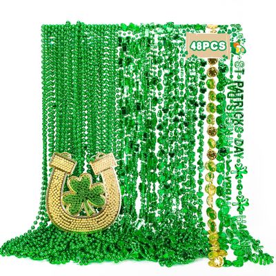 48PCS St Patricks Day Necklace Accessories, 7 Kinds of St. Patricks Beads, Metallic Irish Shamrock Beer Mug Coins Pendants Beads Necklace, St Patricks Necklaces Bulk for Parade Party Supplies Favors