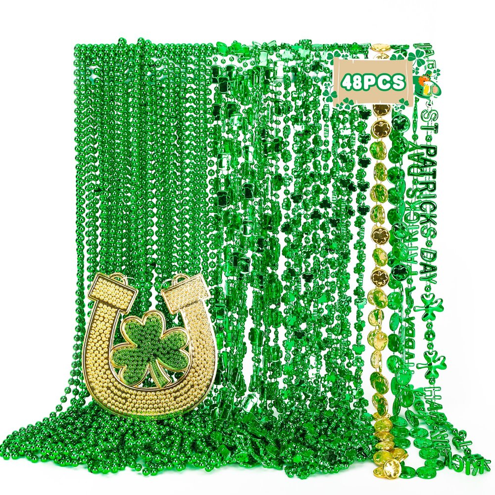 48PCS St Patricks Day Necklace Accessories, 7 Kinds of St. Patricks Beads, Metallic Irish Shamrock Beer Mug Coins Pendants Beads Necklace, St Patricks Necklaces Bulk for Parade Party Supplies Favors