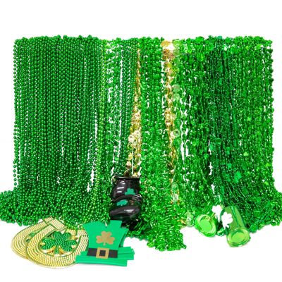 EOBOH 144PCS St Patricks Day Necklace Beads, 11 Kinds of St Patricks Beads, Metallic Irish Shamrock Beer Mug Coins Pendants Accessories, St Patricks Necklaces Bulk for Parade Party Supplies Favors