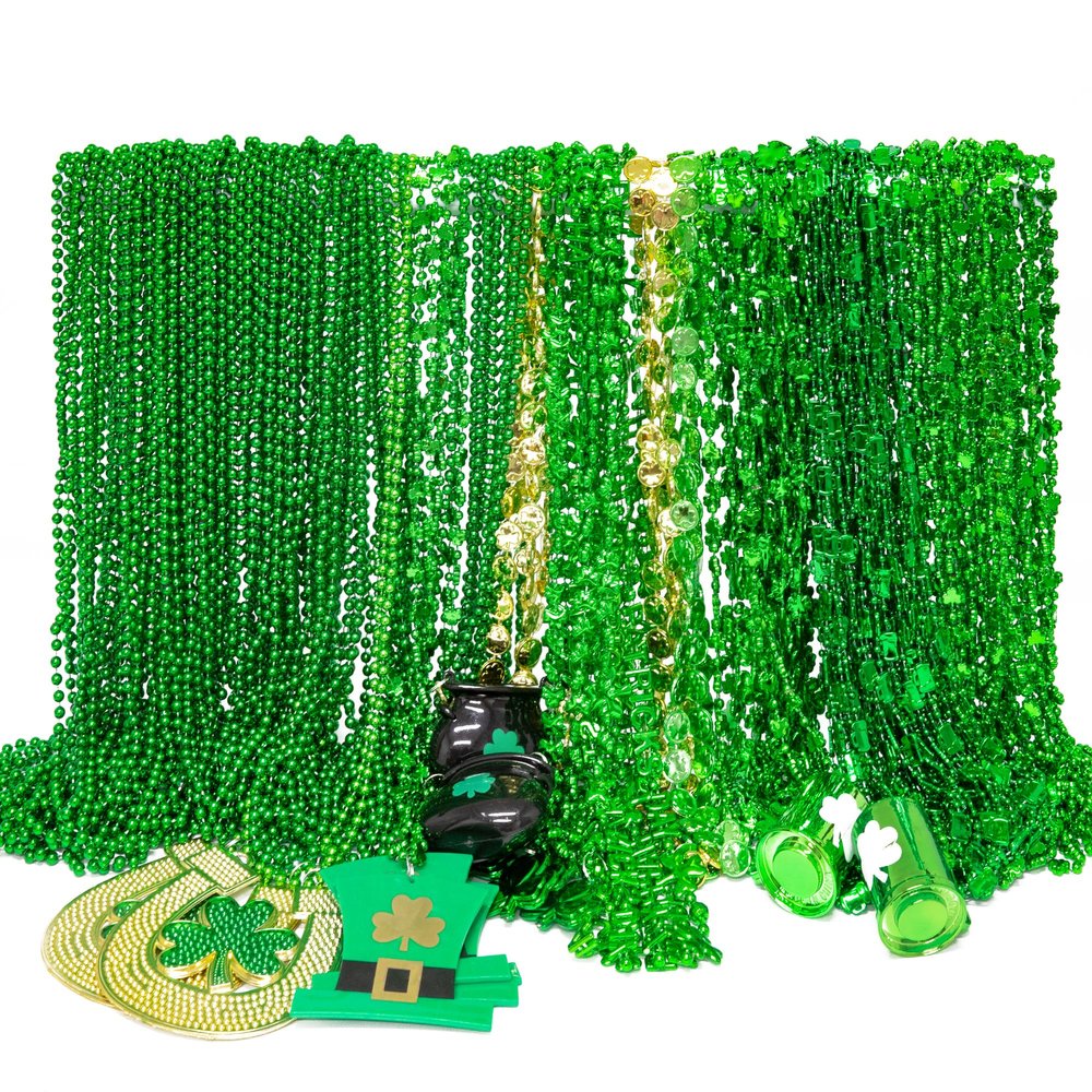EOBOH 144PCS St Patricks Day Necklace Beads, 11 Kinds of St Patricks Beads, Metallic Irish Shamrock Beer Mug Coins Pendants Accessories, St Patricks Necklaces Bulk for Parade Party Supplies Favors