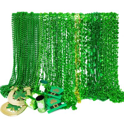 EOBOH 120PCS St Patricks Day Beads Necklace, Green 10 Kinds of St Patricks Beads, Metallic Irish Shamrock Beer Mug Coins Pendants, Adult St Patricks Necklaces Bulk for Parade Party Supplies Favors