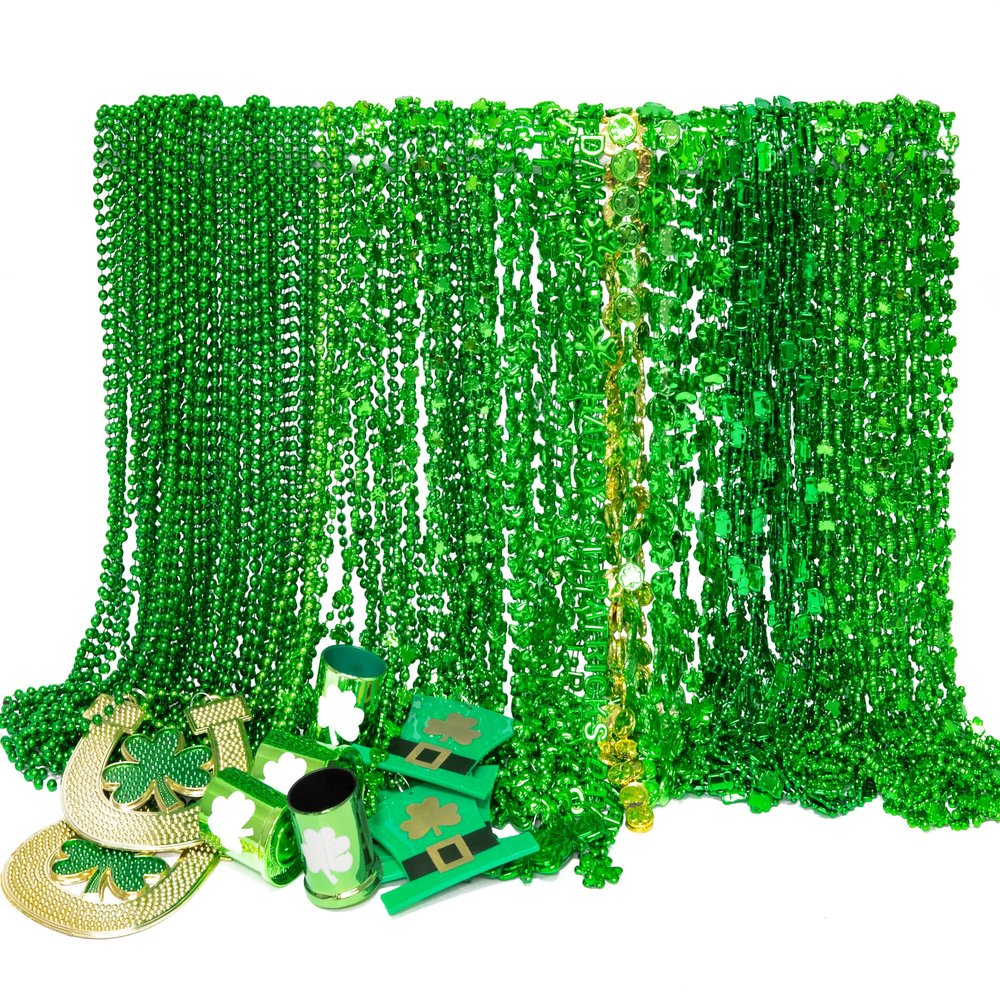 EOBOH 120PCS St Patricks Day Beads Necklace, Green 10 Kinds of St Patricks Beads, Metallic Irish Shamrock Beer Mug Coins Pendants, Adult St Patricks Necklaces Bulk for Parade Party Supplies Favors