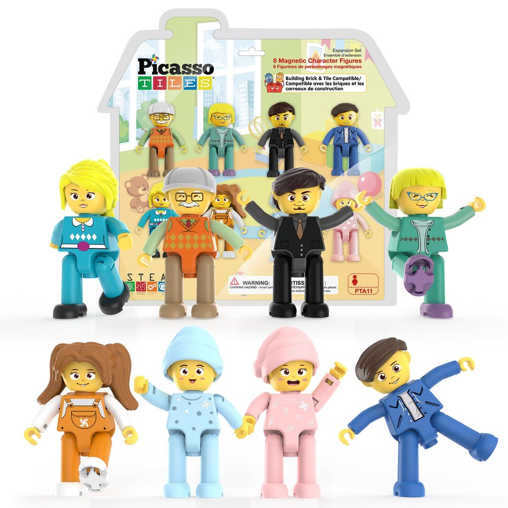 PicassoTiles 8 Piece Magnetic Action Figures Family Character Set Compatible with Magnet Tile Building Blocks STEM Educational Toy for Kids Pretend Play Construction Expansion Pack Creative Play PTA11