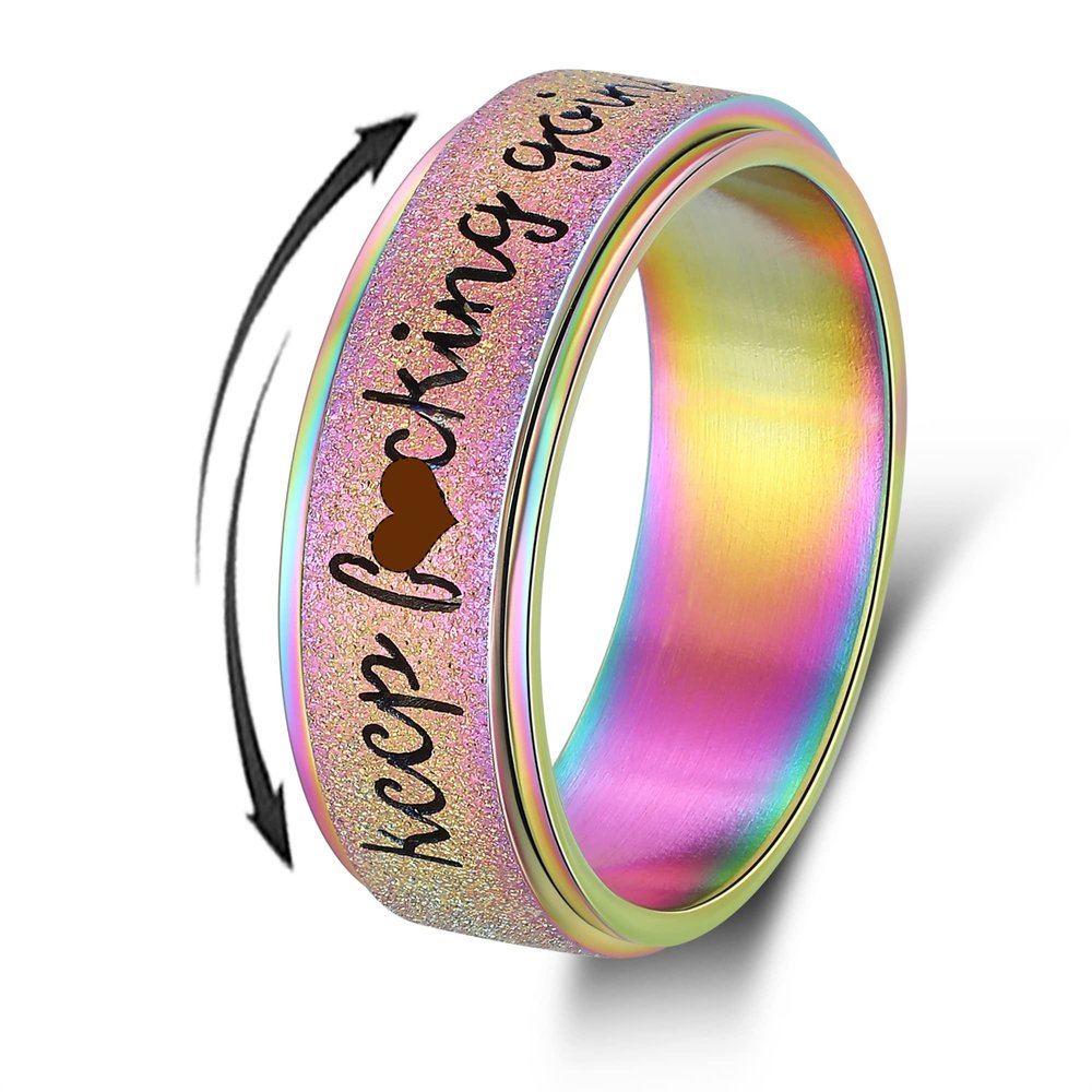 LuckyAmor Fidget Ring Men Anti Anxiety RingPersonalized Inspirational Mantra Stainless Steel Silver Black Rainbow Spinning Ring for Men Women Friend Encouragement Gift width:8MM size 7 8 9 10 11 12